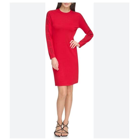 NWT DKNY Logo Long Sleeve Knit Sweater Dress Red Size Medium - Picture 1 of 7